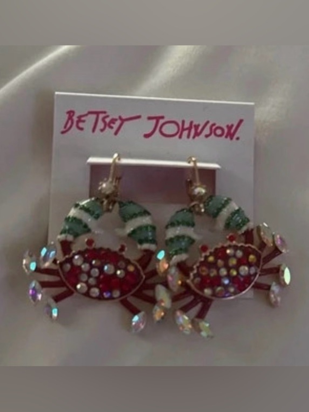BETSEY JOHNSON Christmas Mitten-Wearing AB Crystal Bejeweled Crab Earrings NWT